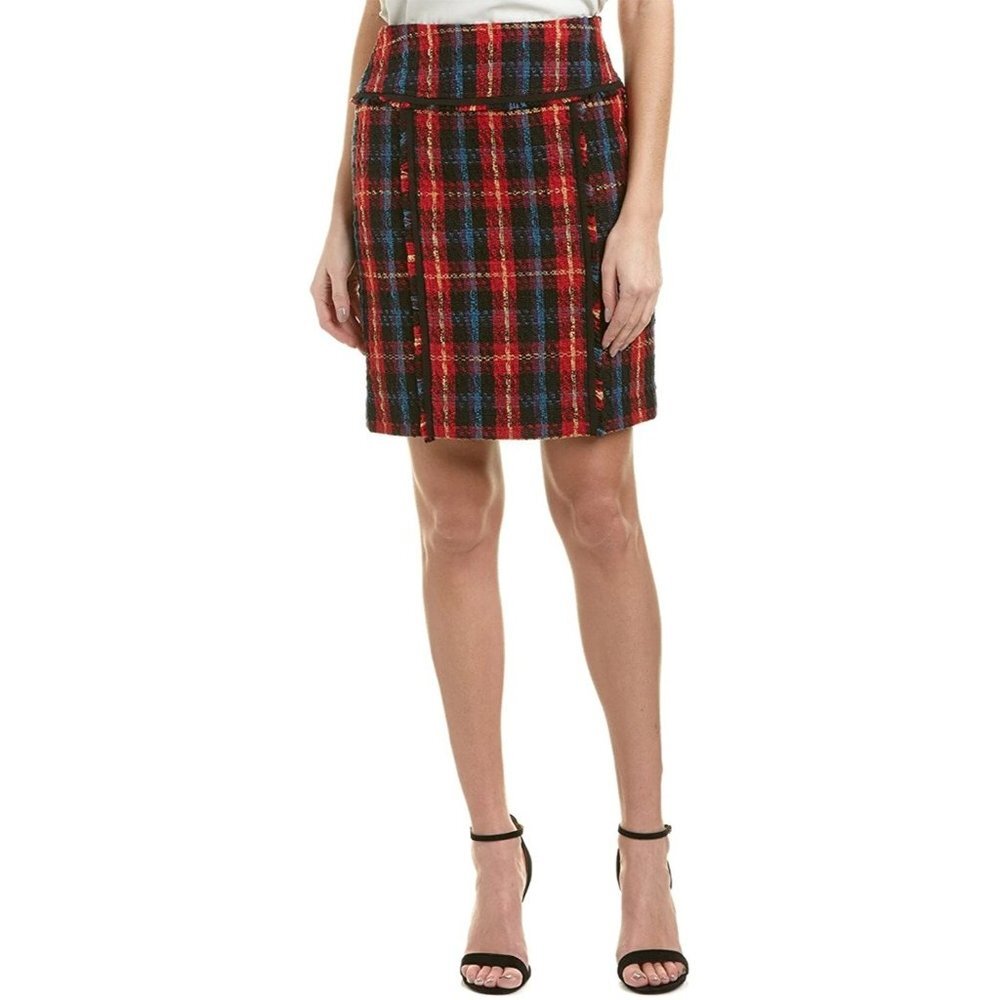 Anne Klein Short Plaid Pencil Skirt Size 8‎ Red Side Zip Check Tweed Career
